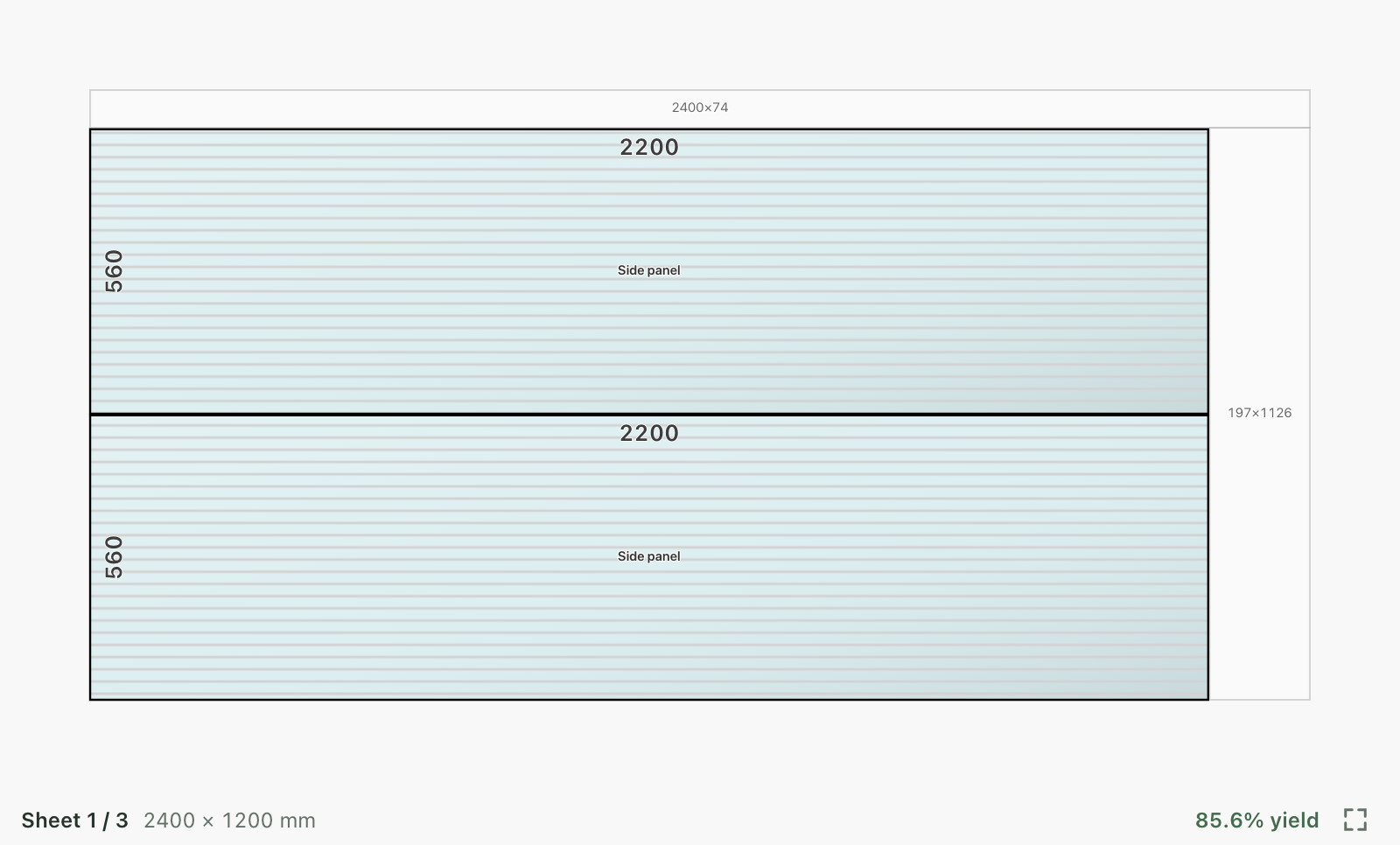 Individual sheet with part positions, dimensions and offcuts